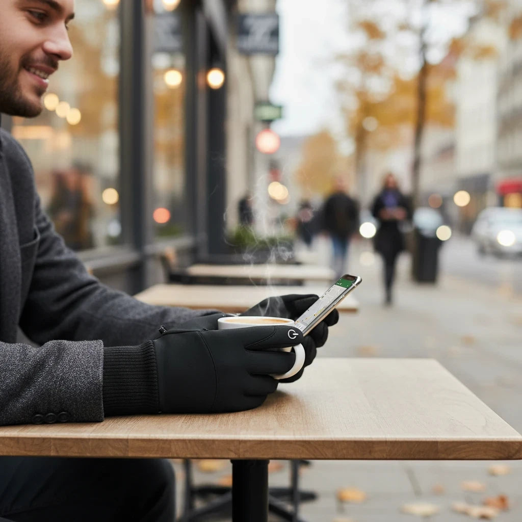 Homme portant des gants chauffants My Store 2 noirs tactiles en polyester tout en utilisant son smartphone en terrasse